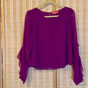 Lulumari Magenta Purple Ruffle Sleeve Blouse Keyhole Back Womens L Party Office